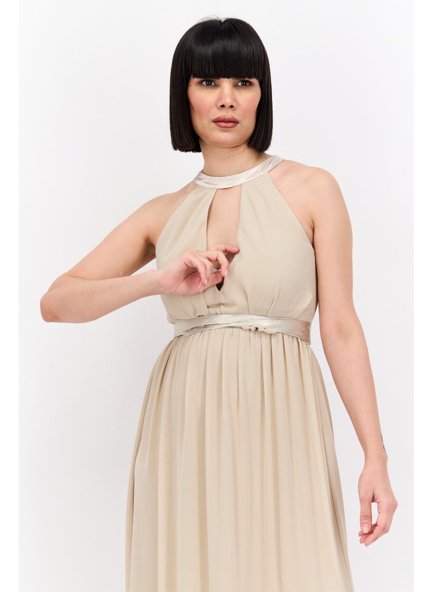 TFNC - Women Bridesmaid Plain Maxi Dress, Beige - Image 1