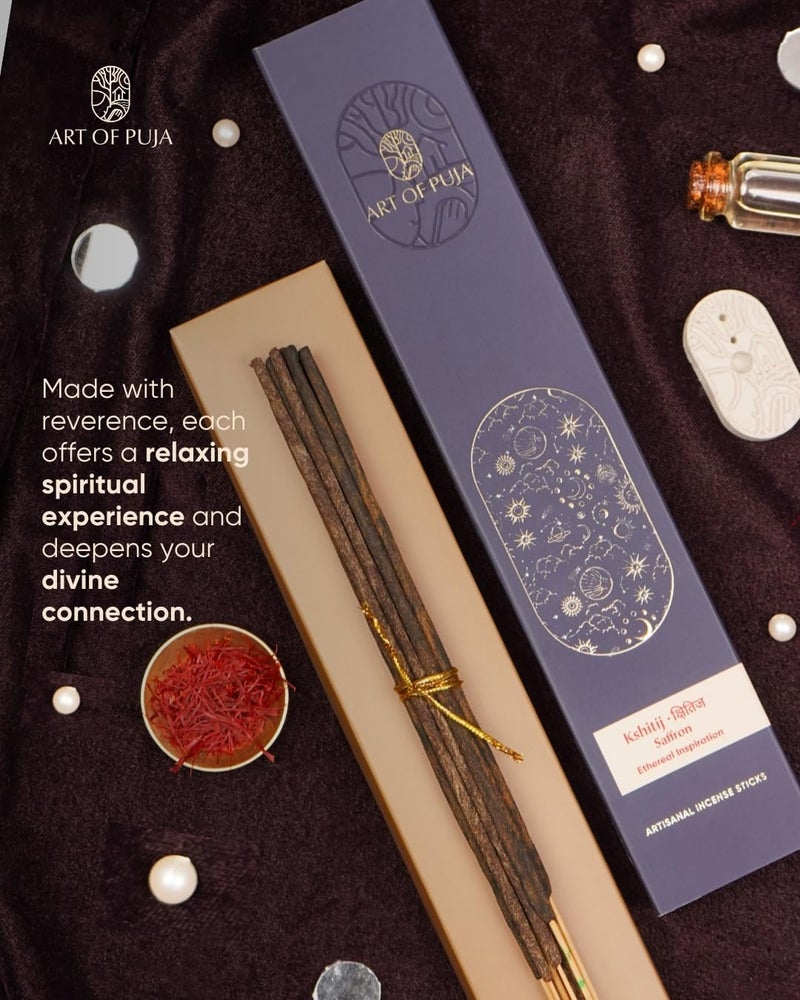ART OF PUJA Saffron (Kesar) Artisanal Incense – 30 Agarbatti Stick| ~1 Hr Burn, 2+ Hr Fragrance | Subtle Kesar Aroma, Low Smoke | Free Agarbatti Holder | Incense for Home & Mandir - Image 4