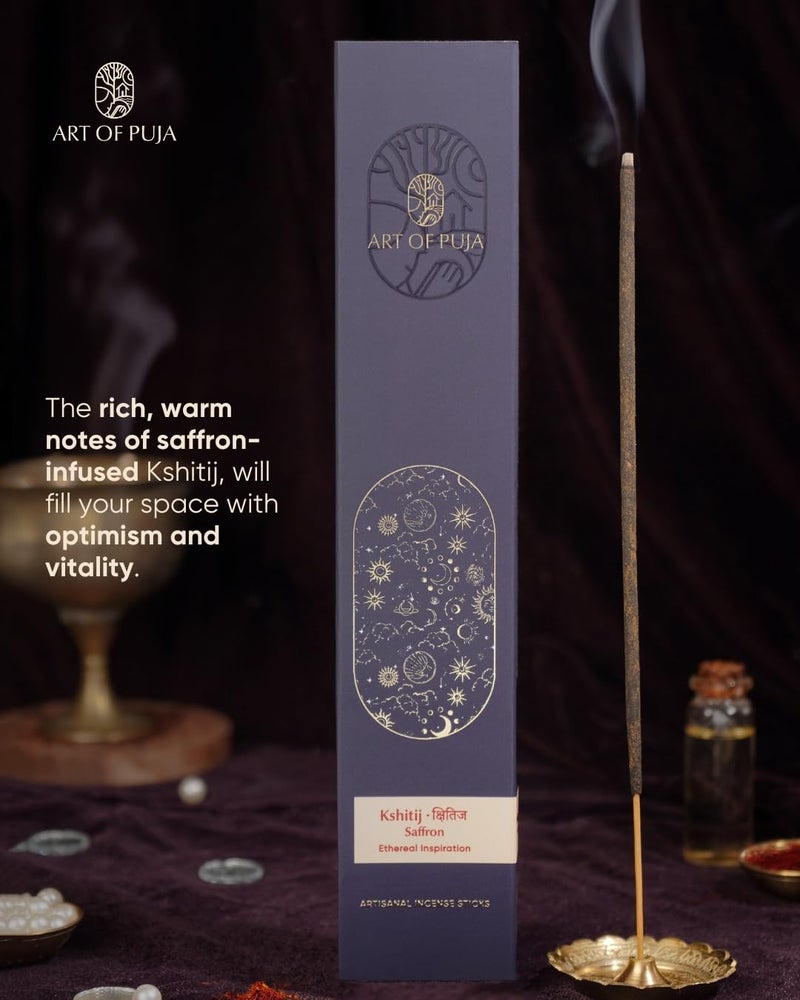 ART OF PUJA Saffron (Kesar) Artisanal Incense – 30 Agarbatti Stick| ~1 Hr Burn, 2+ Hr Fragrance | Subtle Kesar Aroma, Low Smoke | Free Agarbatti Holder | Incense for Home & Mandir - Image 3