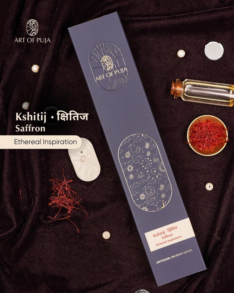 ART OF PUJA Saffron (Kesar) Artisanal Incense – 30 Agarbatti Stick| ~1 Hr Burn, 2+ Hr Fragrance | Subtle Kesar Aroma, Low Smoke | Free Agarbatti Holder | Incense for Home & Mandir - Image 2