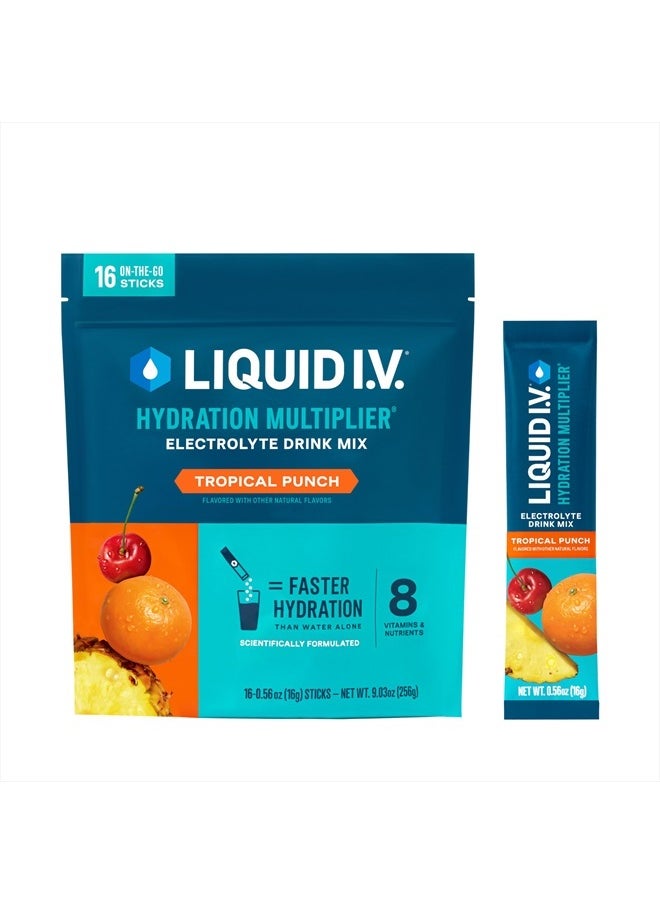 Liquid I.V. - Tropical Punch - عبوات مسحوق الترطيب - مزيج مشروب الإلكتروليت - أعواد مريحة لتقديم وجبة واحدة - خالية من الكائنات المعدلة وراثيًا - عبوة واحدة، 16 وجبة - Image 1