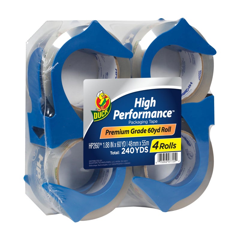 Duck High Performance Clear Packing Tape Dispensers 4 Rolls of HP260 Strong Packaging Tape for Shipping Moving Mailing Storage Boxes 3 Core 188 Inch x 60 Yards Clear 847667