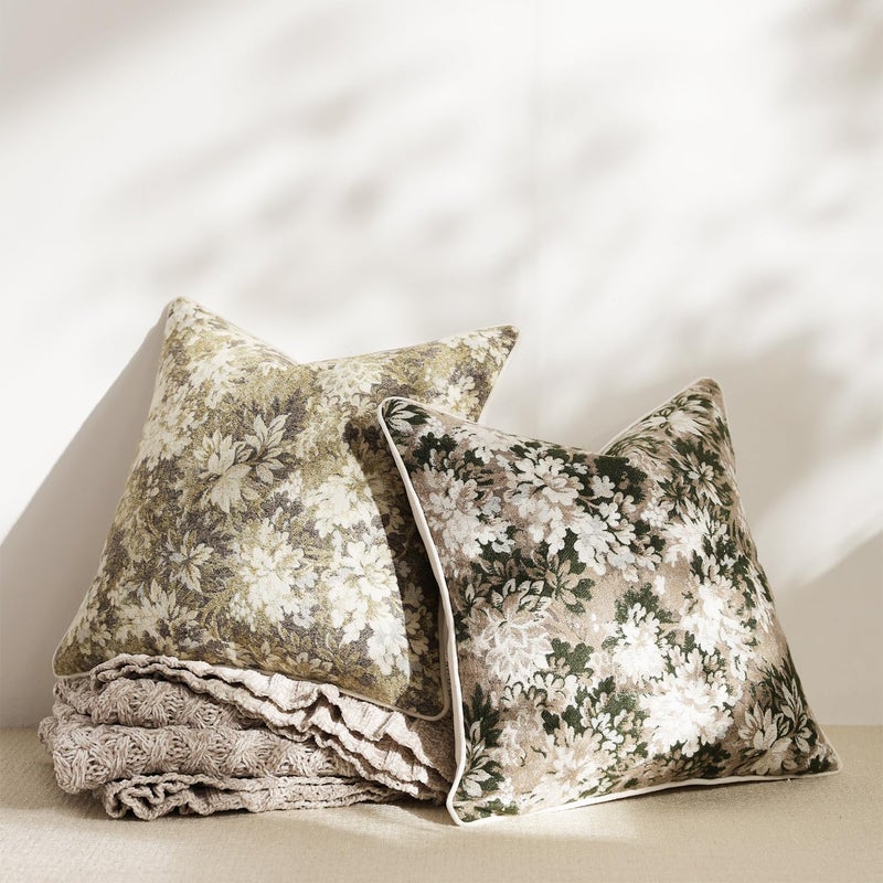 DEZENE Pack of 2 Vintage Floral Throw Pillow Covers 18x18 Boho Farmhouse Accents Chenille Square Decorative Pillow Cases for Living Room Couch Bed Home Decor, Beige - Image 5