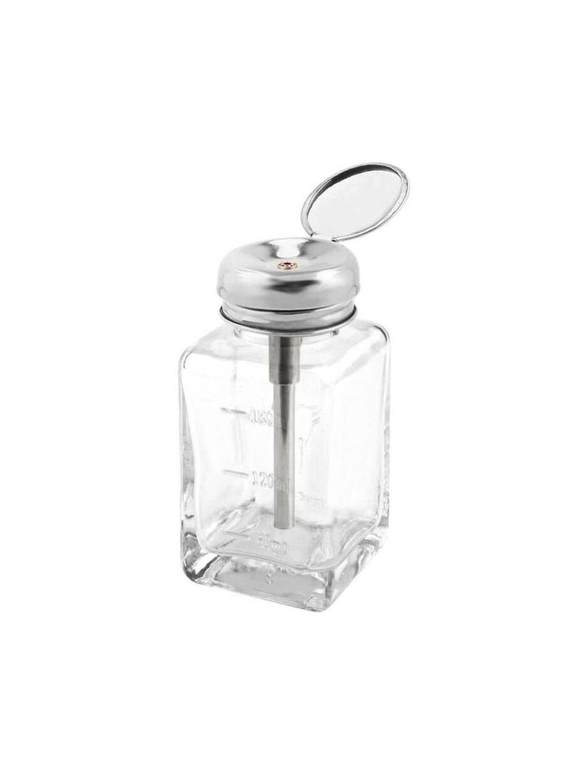 SYOSI Push Down Empty Bottle, Lockable Pump Dispenser Bottle, 180ml Clear Glass Push Down Dispenser Bottle, Refillable Dispenser Bottle, with Metal Flip Cap for Liquid Remover Makeup Remover Toner - Image 1