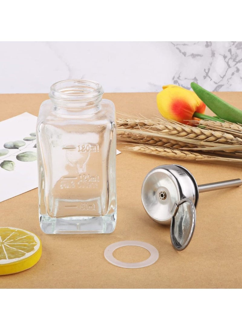 SYOSI Push Down Empty Bottle, Lockable Pump Dispenser Bottle, 180ml Clear Glass Push Down Dispenser Bottle, Refillable Dispenser Bottle, with Metal Flip Cap for Liquid Remover Makeup Remover Toner - Image 5