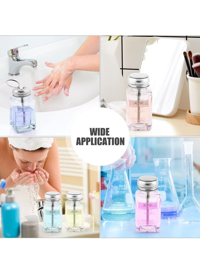 SYOSI Push Down Empty Bottle, Lockable Pump Dispenser Bottle, 180ml Clear Glass Push Down Dispenser Bottle, Refillable Dispenser Bottle, with Metal Flip Cap for Liquid Remover Makeup Remover Toner - Image 2