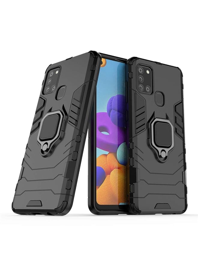 مايجين متوافق مع جراب Galaxy A21S بمقبض حلقي معدني ومسند ممتص للصدمات صلب يعمل مع حامل مغناطيسي للسيارة وغطاء متين بطبقة مزدوجة لهاتف Samsung Galaxy A21S أسود - Image 1