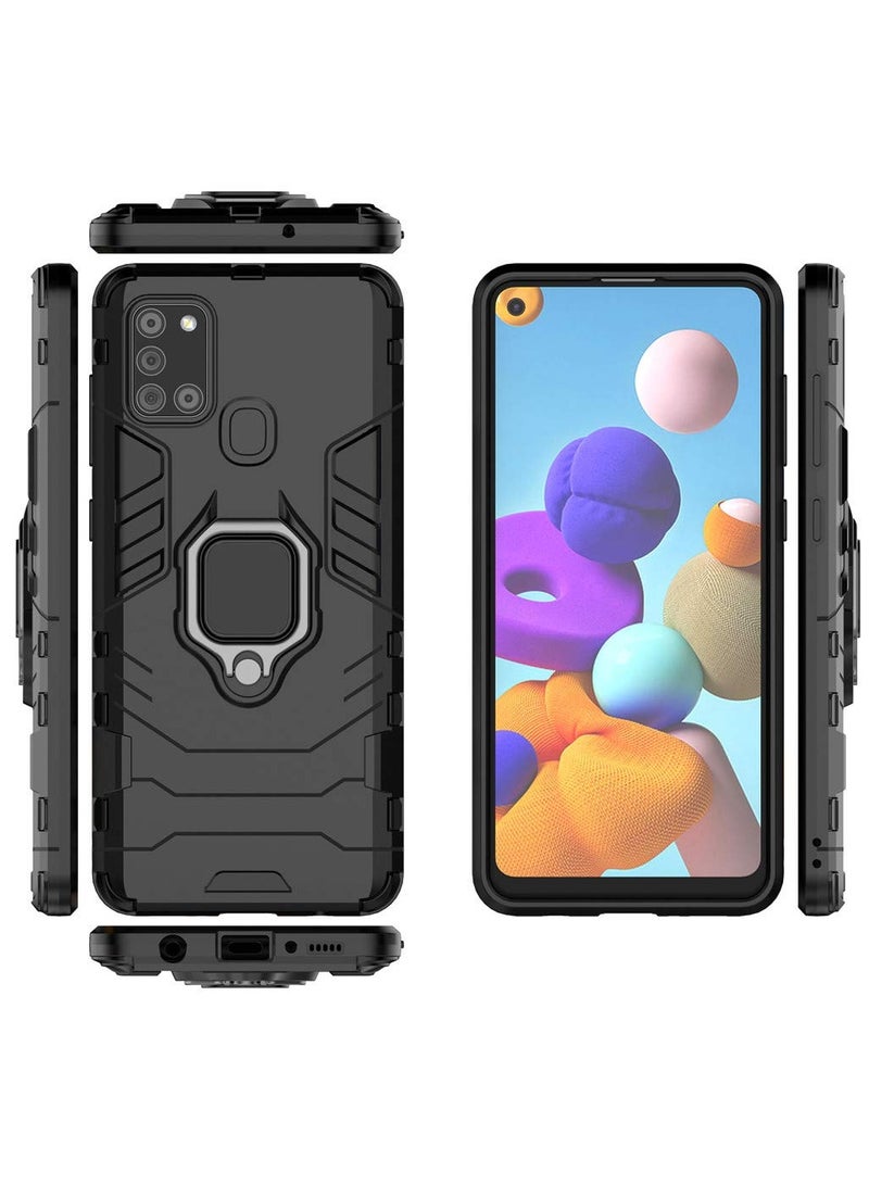 مايجين متوافق مع جراب Galaxy A21S بمقبض حلقي معدني ومسند ممتص للصدمات صلب يعمل مع حامل مغناطيسي للسيارة وغطاء متين بطبقة مزدوجة لهاتف Samsung Galaxy A21S أسود - Image 3