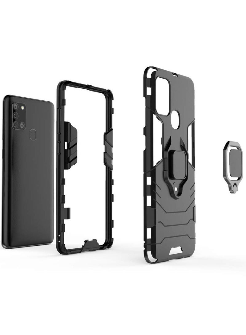 مايجين متوافق مع جراب Galaxy A21S بمقبض حلقي معدني ومسند ممتص للصدمات صلب يعمل مع حامل مغناطيسي للسيارة وغطاء متين بطبقة مزدوجة لهاتف Samsung Galaxy A21S أسود - Image 5