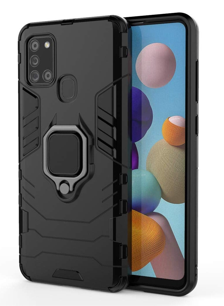 مايجين متوافق مع جراب Galaxy A21S بمقبض حلقي معدني ومسند ممتص للصدمات صلب يعمل مع حامل مغناطيسي للسيارة وغطاء متين بطبقة مزدوجة لهاتف Samsung Galaxy A21S أسود - Image 4