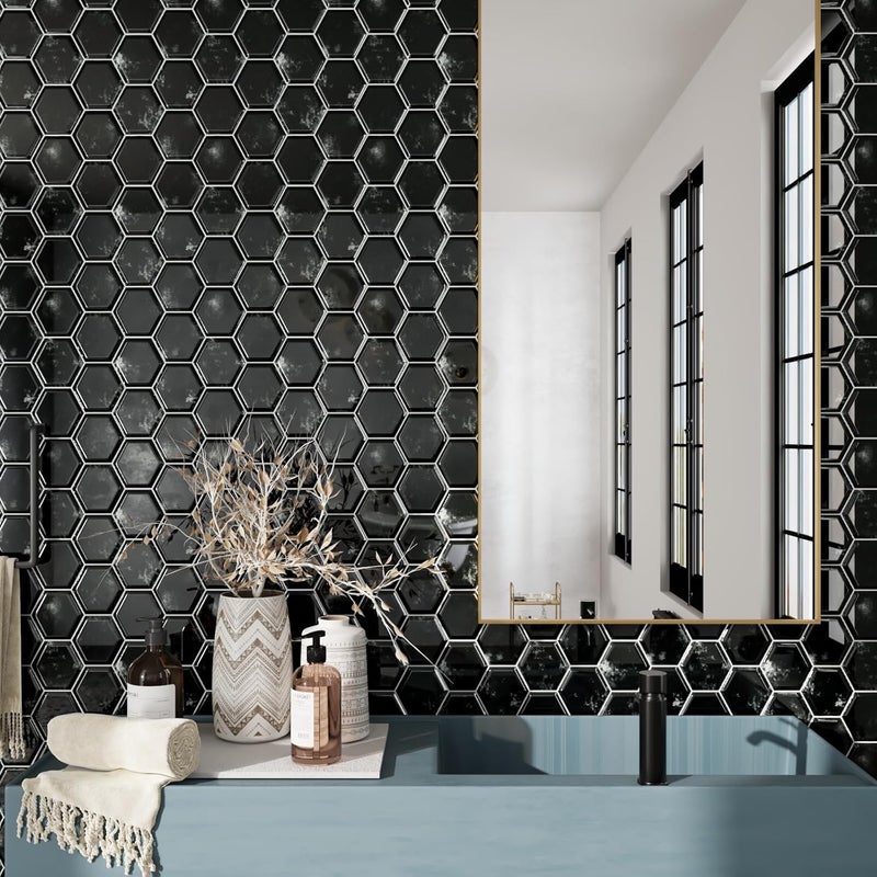 CRE8TIVE 16 Sheets Black Peel and Stick Tiles for Kitchen Backsplash Stick on Tiles 12"x12" Hexagon Wall Tile Adhesive 3D Tile Stickers Waterproof Peel and Stick Backsplash for Bathroom Laundry Room - Image 4