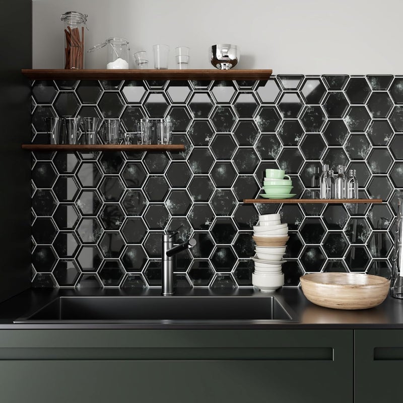 CRE8TIVE 16 Sheets Black Peel and Stick Tiles for Kitchen Backsplash Stick on Tiles 12"x12" Hexagon Wall Tile Adhesive 3D Tile Stickers Waterproof Peel and Stick Backsplash for Bathroom Laundry Room - Image 3