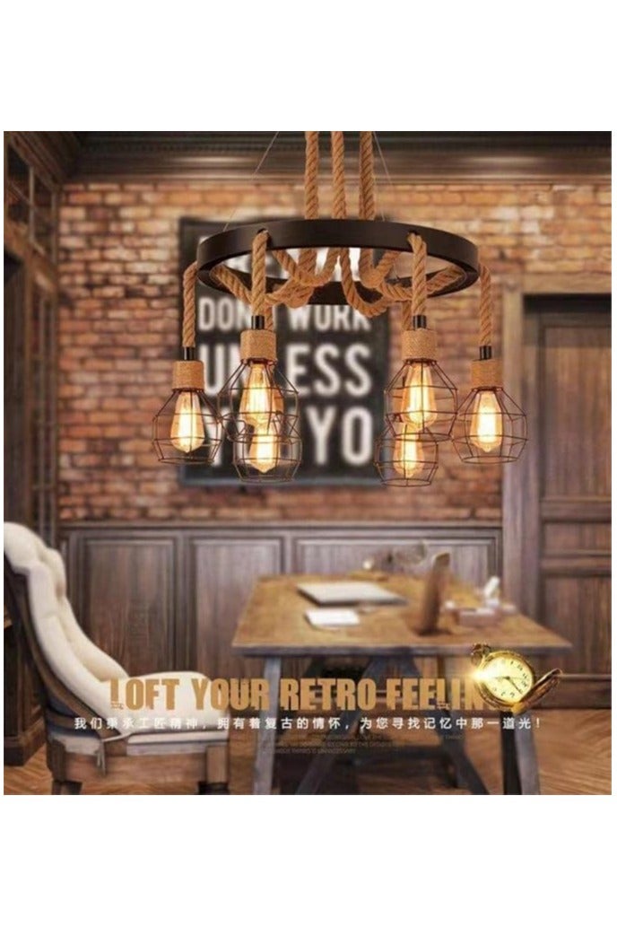 Chandelier Vintage 6-lights  holder E27 Base Long Rope Hollow Pendent Light With Iron Cage Lampshade ( Bulb not included ) - Image 1