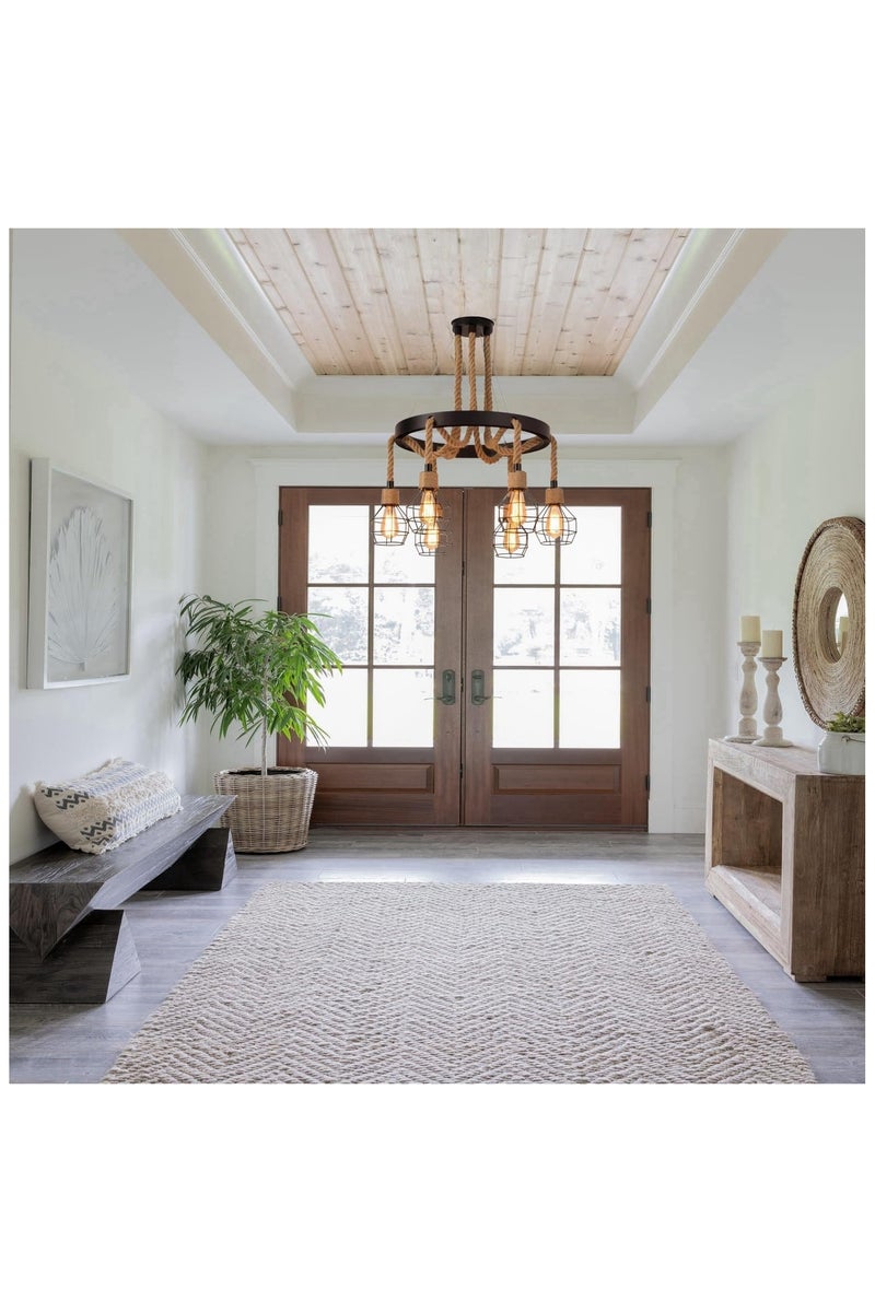 Chandelier Vintage 6-lights  holder E27 Base Long Rope Hollow Pendent Light With Iron Cage Lampshade ( Bulb not included ) - Image 2