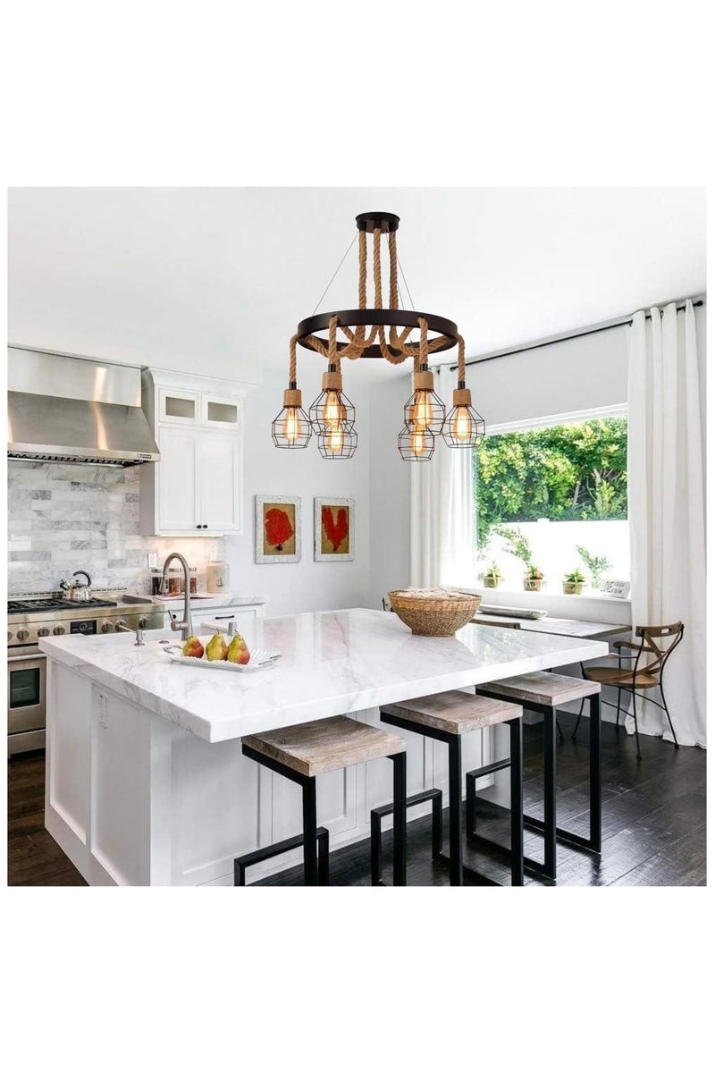 Chandelier Vintage 6-lights  holder E27 Base Long Rope Hollow Pendent Light With Iron Cage Lampshade ( Bulb not included ) - Image 3