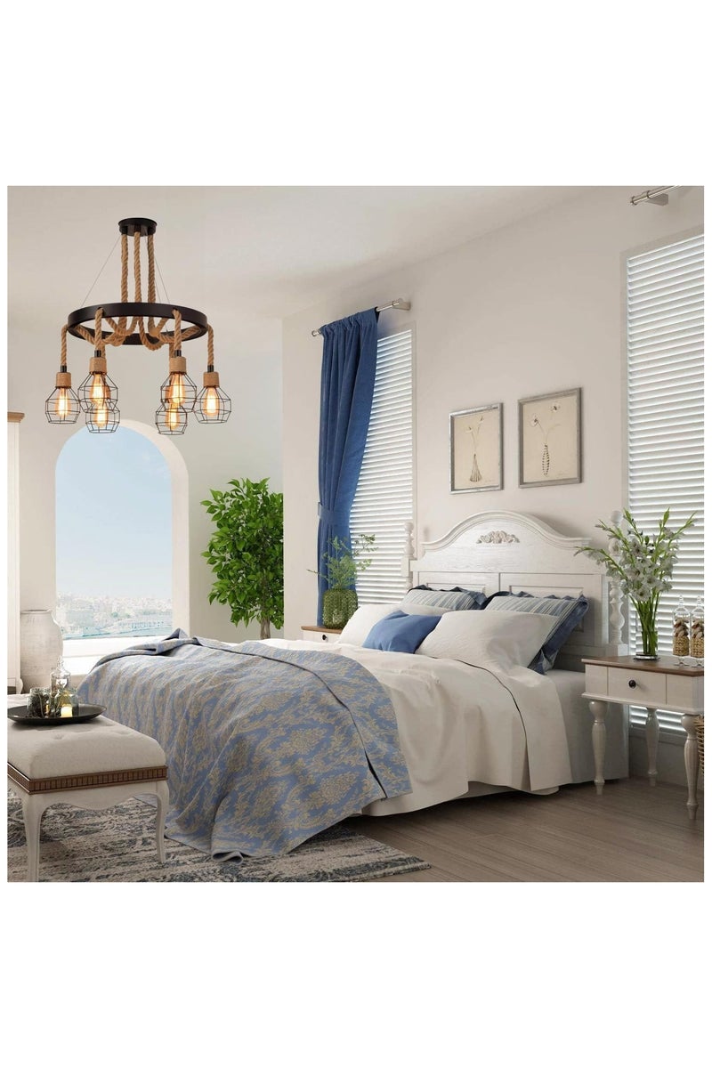 Chandelier Vintage 6-lights  holder E27 Base Long Rope Hollow Pendent Light With Iron Cage Lampshade ( Bulb not included ) - Image 4