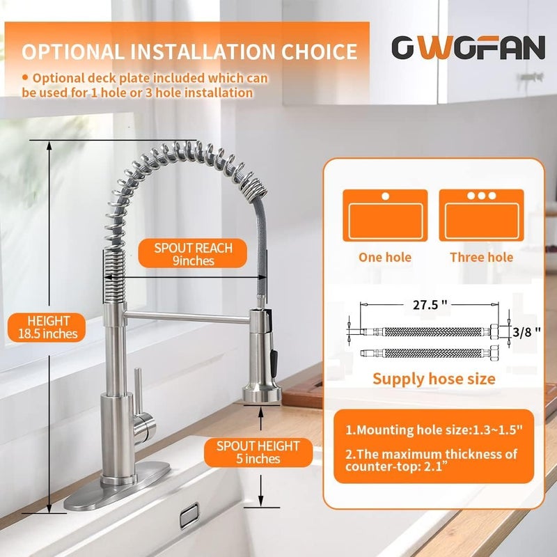 OWOFAN Kitchen Sink Faucet with Soap Dispenser, Kitchen Faucet with Pull Down Sprayer Stainless Steel Single Handle High Arc Pull Out Brushed Nickel Faucet for Bar Laundry RV Utility Sink - Image 3