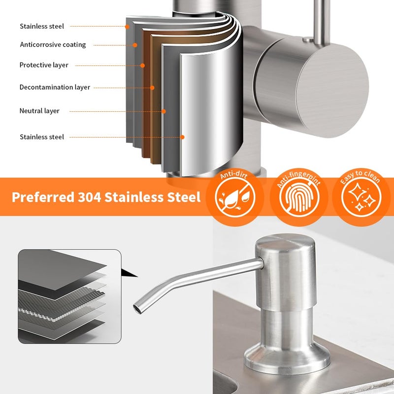 OWOFAN Kitchen Sink Faucet with Soap Dispenser, Kitchen Faucet with Pull Down Sprayer Stainless Steel Single Handle High Arc Pull Out Brushed Nickel Faucet for Bar Laundry RV Utility Sink - Image 5