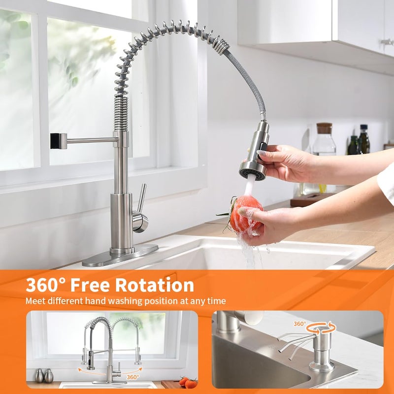 OWOFAN Kitchen Sink Faucet with Soap Dispenser, Kitchen Faucet with Pull Down Sprayer Stainless Steel Single Handle High Arc Pull Out Brushed Nickel Faucet for Bar Laundry RV Utility Sink - Image 4