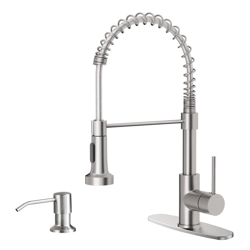 OWOFAN Kitchen Sink Faucet with Soap Dispenser, Kitchen Faucet with Pull Down Sprayer Stainless Steel Single Handle High Arc Pull Out Brushed Nickel Faucet for Bar Laundry RV Utility Sink - Image 1