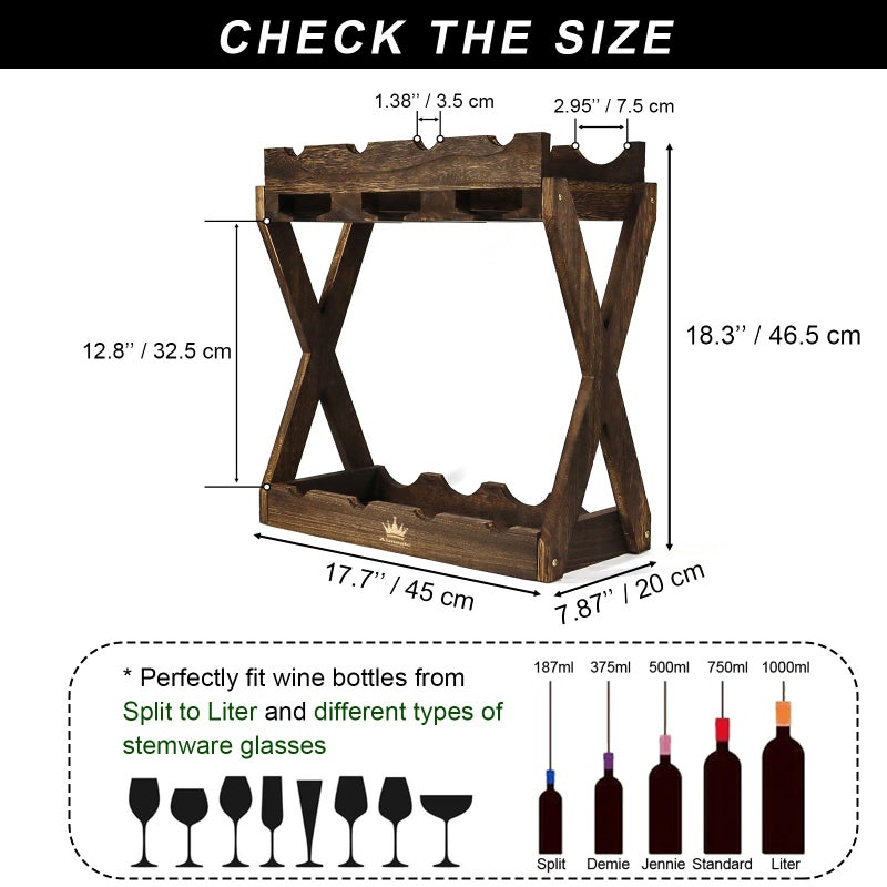 Almagic 3-IN-1 Countertop Wine Rack with Glass Holder â€“ Store 8 Bottles, 6 Stemware Glasses and Wine Tools | Durable Wooden Wine Bottle Holder | Elegant Home Decor for Kitchen, Dining, and Living Room - Image 2