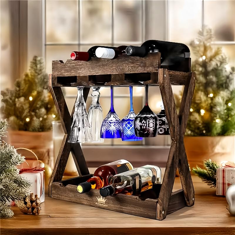 Almagic 3-IN-1 Countertop Wine Rack with Glass Holder â€“ Store 8 Bottles, 6 Stemware Glasses and Wine Tools | Durable Wooden Wine Bottle Holder | Elegant Home Decor for Kitchen, Dining, and Living Room - Image 4
