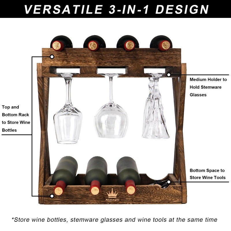 Almagic 3-IN-1 Countertop Wine Rack with Glass Holder â€“ Store 8 Bottles, 6 Stemware Glasses and Wine Tools | Durable Wooden Wine Bottle Holder | Elegant Home Decor for Kitchen, Dining, and Living Room - Image 3