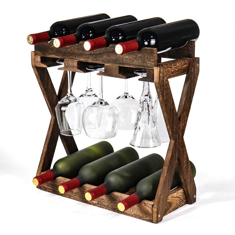 Almagic 3-IN-1 Countertop Wine Rack with Glass Holder â€“ Store 8 Bottles, 6 Stemware Glasses and Wine Tools | Durable Wooden Wine Bottle Holder | Elegant Home Decor for Kitchen, Dining, and Living Room - Image 1