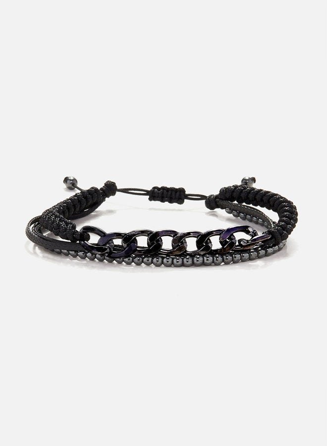 CHRYSOSTOMOS Handmade Adjustable Beaded Multi-Line Bracelet with Glossy Hematite, Cords, Snake Knot and Chain - Image 1