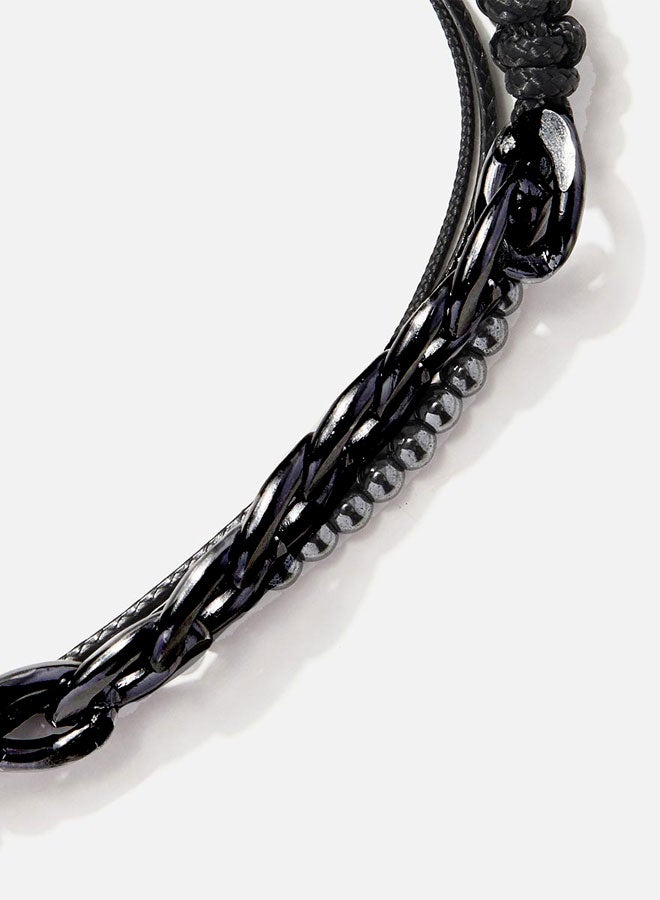 CHRYSOSTOMOS Handmade Adjustable Beaded Multi-Line Bracelet with Glossy Hematite, Cords, Snake Knot and Chain - Image 2