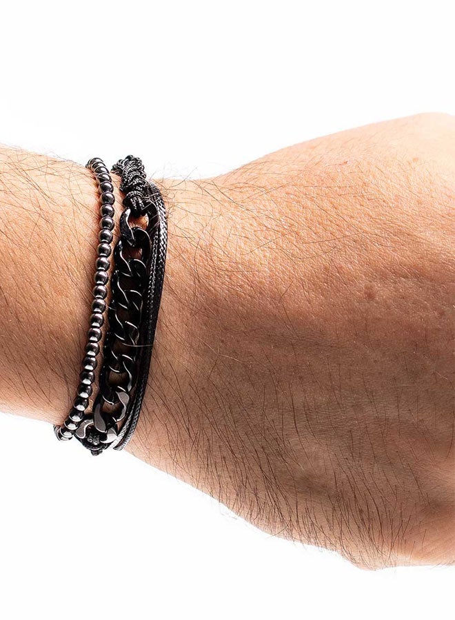 CHRYSOSTOMOS Handmade Adjustable Beaded Multi-Line Bracelet with Glossy Hematite, Cords, Snake Knot and Chain - Image 3
