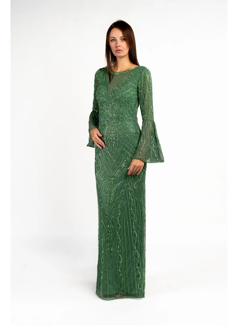 Fashonara Embossed Sequenced Sage Green Long Evening Dress with Bell Sleeves