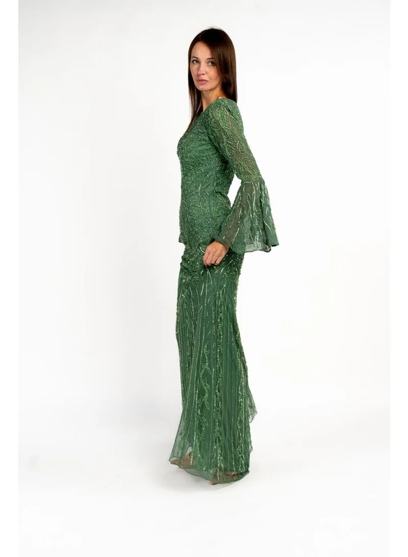 Fashonara Embossed Sequenced Sage Green Long Evening Dress with Bell Sleeves
