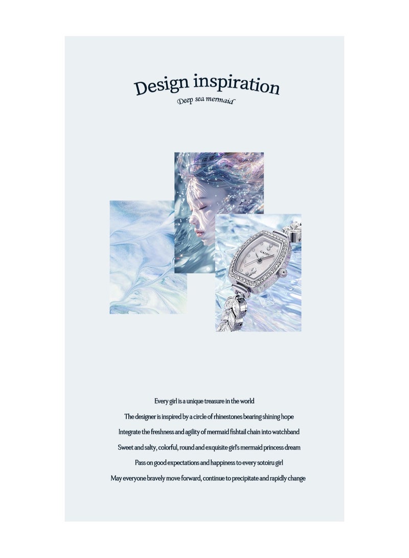 xozgdovg Mermaid ladies watch fashion full diamond ladies watch small barrel watch waterproof luxury bracelet quartz watch /KD8820 silver shell white steel belt  - Image 2