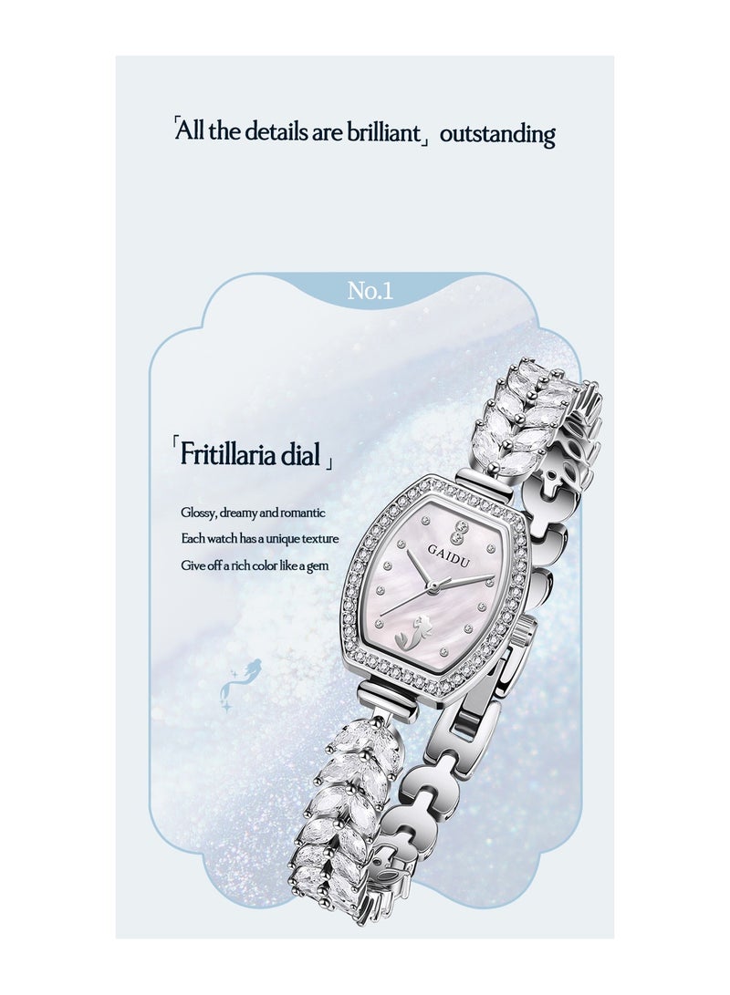 xozgdovg Mermaid ladies watch fashion full diamond ladies watch small barrel watch waterproof luxury bracelet quartz watch /KD8820 silver shell white steel belt  - Image 4