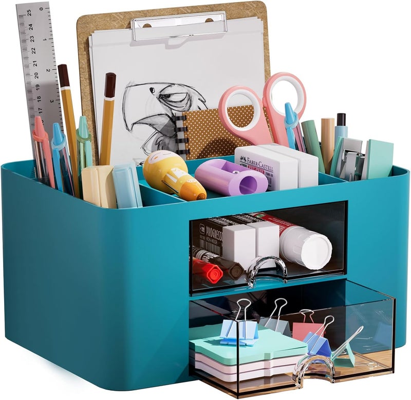 Marbrasse Pen Organizer with 2 Drawer, Multi-Functional Pencil Holder for Desk, Desk Organizers and Accessories with 5 Compartments + Drawer for Office Art Supplies (Dark Green) - Image 1