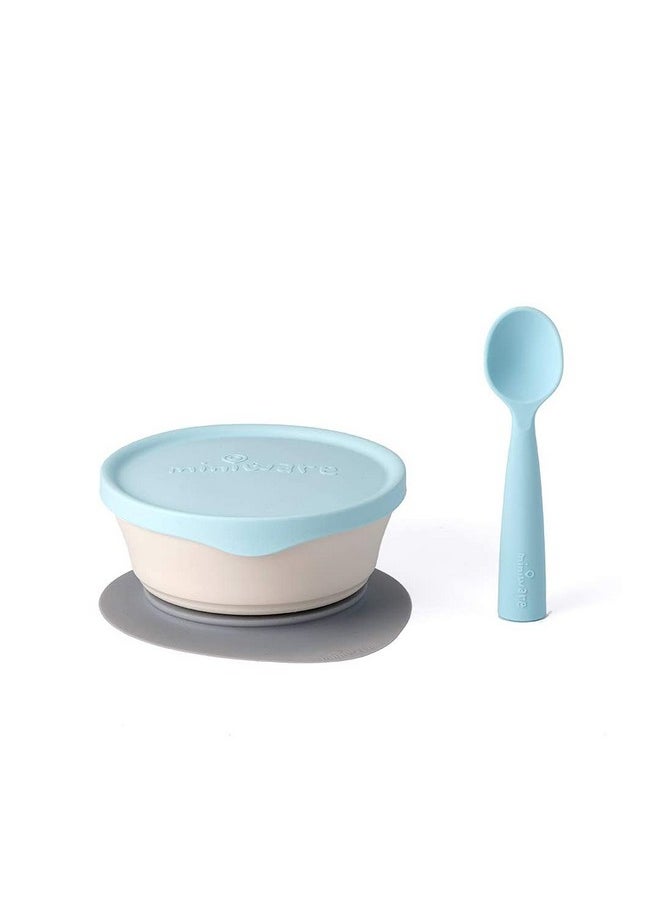 Miniware First Bites Set With Cereal Bowl, Detachable Suction Foot, And Training Spoon For Baby Toddler Kids - Promotes Self Feeding | Eco-Friendly And Bpa Free | Dishwasher Safe (Vanilla & Aqua)  - Image 1