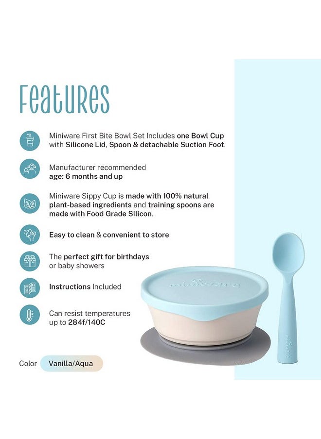 Miniware First Bites Set With Cereal Bowl, Detachable Suction Foot, And Training Spoon For Baby Toddler Kids - Promotes Self Feeding | Eco-Friendly And Bpa Free | Dishwasher Safe (Vanilla & Aqua)  - Image 2