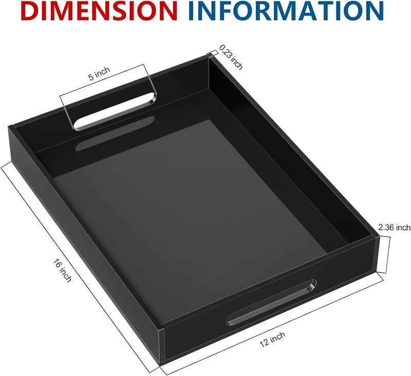 KOTEMON صينية تقديم أكريليك من كوتيمون بمقابض - 16x12x2.36 بوصة - صينية ديكور ومنظم للرسائل للطاولة العثمانية وطاولة القهوة وسطح المنضدة، أسود - Image 2