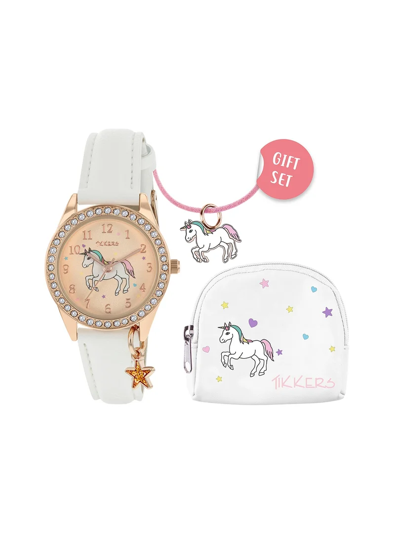 Tikkers Tikkers Girls White PU Strap Unicorn Watch, necklace and purse set ATK1063