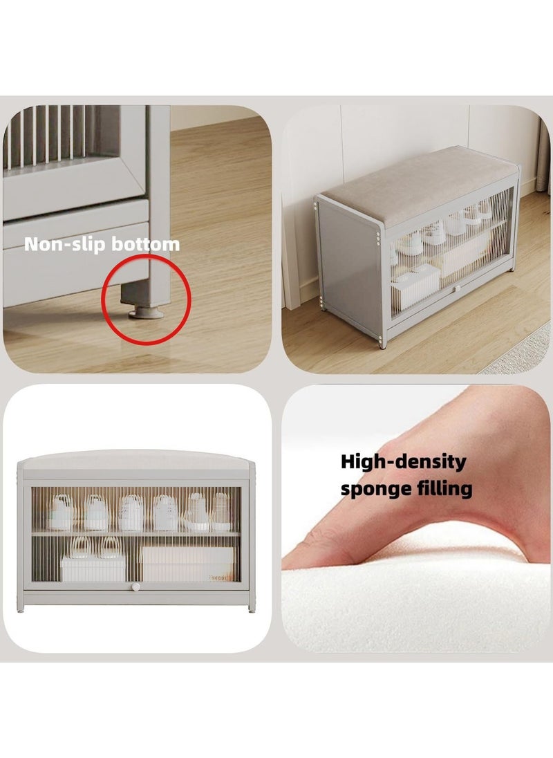 Shoe Rack Bench, Home Doorway Stool Shoe Cabinet, With Soft Upholstered Cushion, Transparent Door,Small Household Can Storage Shoe Shelf