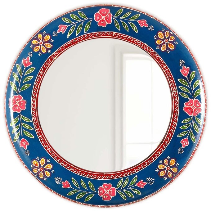 WOODEN HANDPAINTED ROUND MIRRORRAJASTHANI DECOR DECORATIVE WALL ARTSCULPTURE FOR HOME LIVING ROOMBEDROOMOFFICE 18 X 18 INCH AYMI009