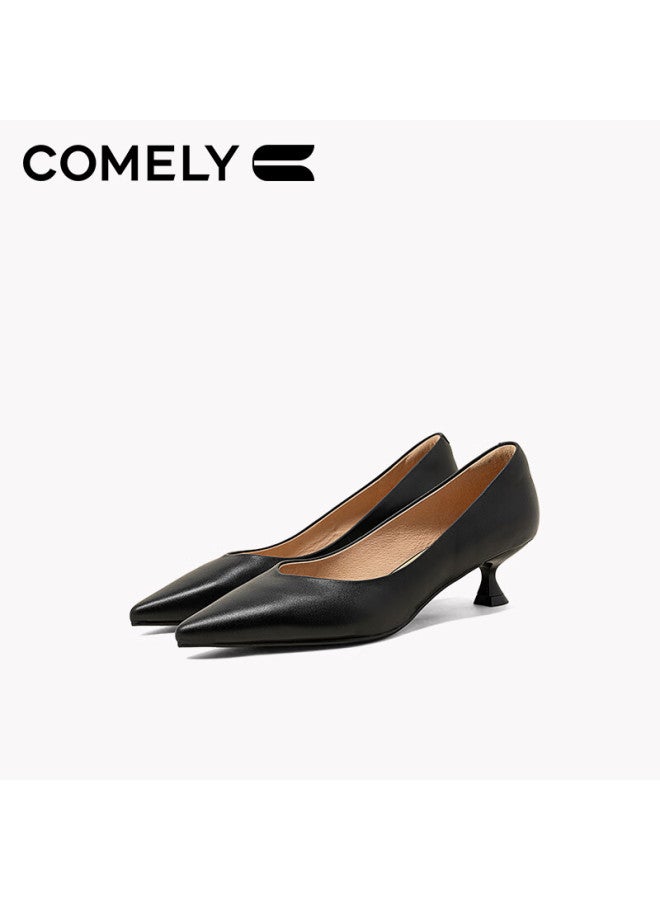 Comely High Heels For Women, Spring Season, Wine Glass Heel, Fashionable, Commute, Date, Single Shoes, Simple Pointed Toe, Professional Shoes, Black, Size 39 - Image 1