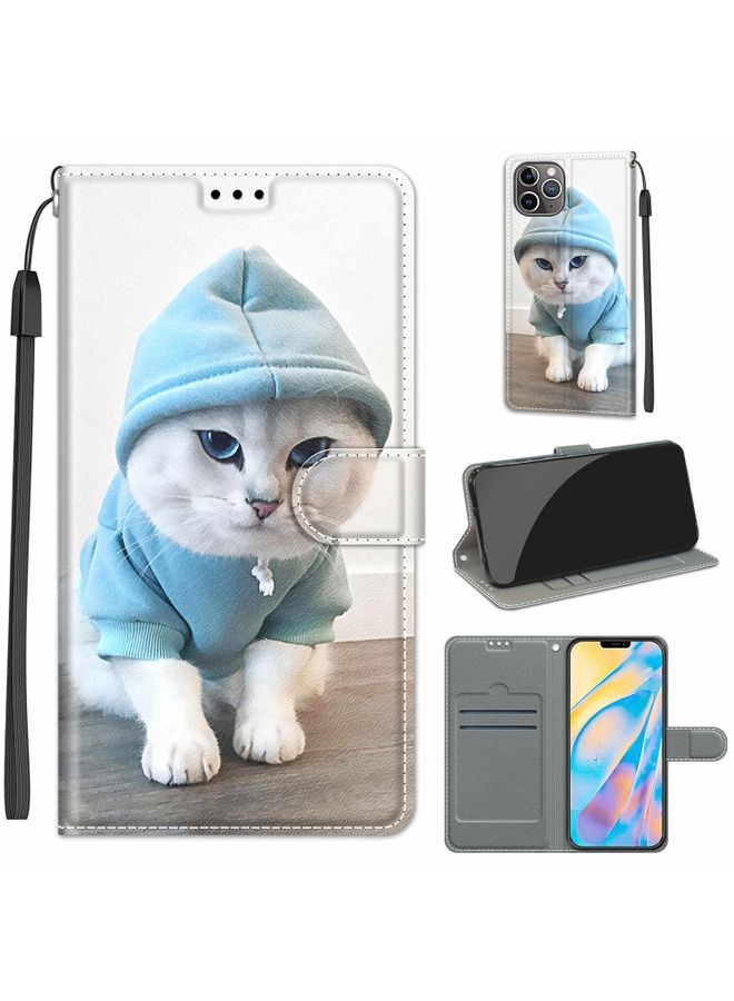 Case Cover For iPhone 12 Pro Max Voltage Colored Drawing Magnetic Clasp Horizontal Flip PU Leather Case with Holder & Card Slots C15 Blue Sweater White Cat