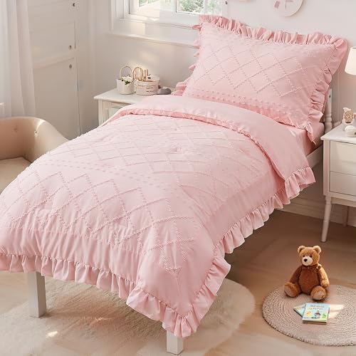 Cozyholy 4 Piece Boho Tufted Toddler Bedding Set for Girls Pink Ruffle Crib Bed Sheets Set Soft Jacquard Embroidery Toddler Comforter Set Bed in a Bag | Include Comforter, Flat Sheet, Fitted Sheet, Pillowcase - Image 1