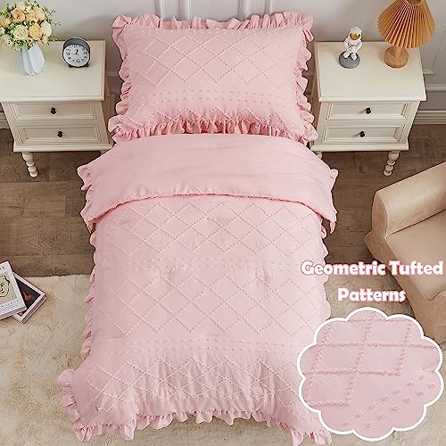 Cozyholy 4 Piece Boho Tufted Toddler Bedding Set for Girls Pink Ruffle Crib Bed Sheets Set Soft Jacquard Embroidery Toddler Comforter Set Bed in a Bag | Include Comforter, Flat Sheet, Fitted Sheet, Pillowcase - Image 3