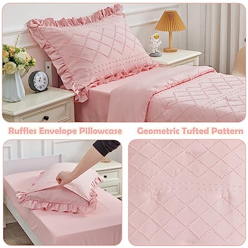 Cozyholy 4 Piece Boho Tufted Toddler Bedding Set for Girls Pink Ruffle Crib Bed Sheets Set Soft Jacquard Embroidery Toddler Comforter Set Bed in a Bag | Include Comforter, Flat Sheet, Fitted Sheet, Pillowcase - Image 5
