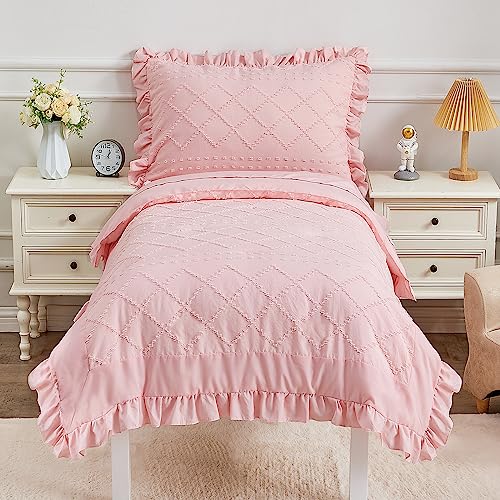 Cozyholy 4 Piece Boho Tufted Toddler Bedding Set for Girls Pink Ruffle Crib Bed Sheets Set Soft Jacquard Embroidery Toddler Comforter Set Bed in a Bag | Include Comforter, Flat Sheet, Fitted Sheet, Pillowcase - Image 2
