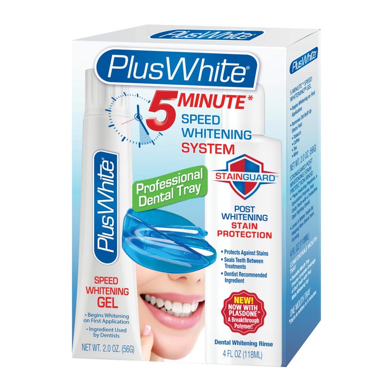 Plus White Premier Whitening System 5 Minute Speed Whitening Gel Comfort Fit Mouth Tray StainGuard Post Dentist Approved Professional Grade 2 oz Tube Mouth Tray and 4 oz Post Rinse