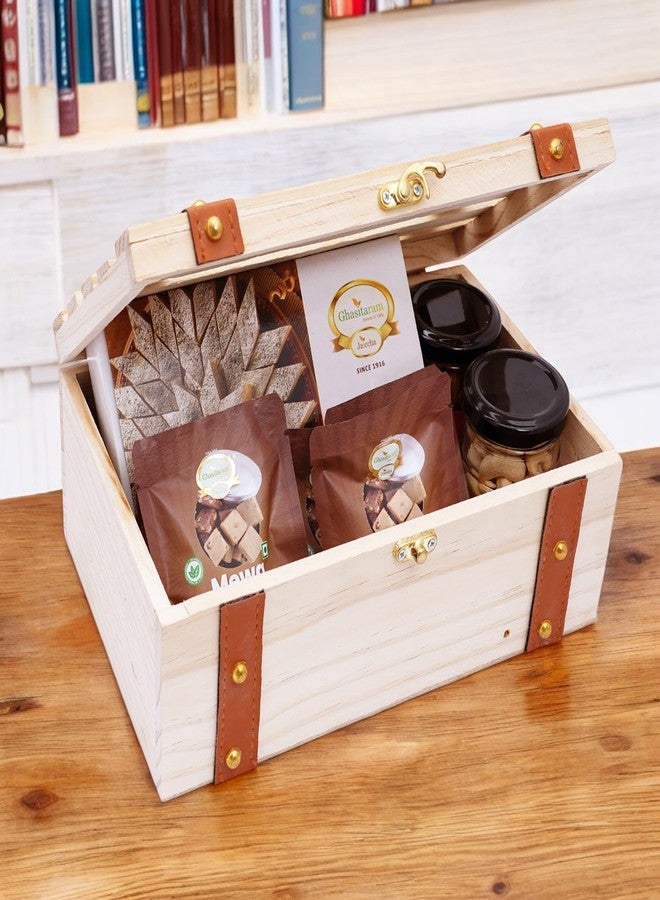 Ghasitaram Gifts Jaiccha Wooden Leather Belt Box of Kaju Katli, 2 jars of Cashews and Almonds and 5 Mewa Bites|Gift Hamper|Diwali Gift Hamper|Food Hampers|Gourmet Hampers|